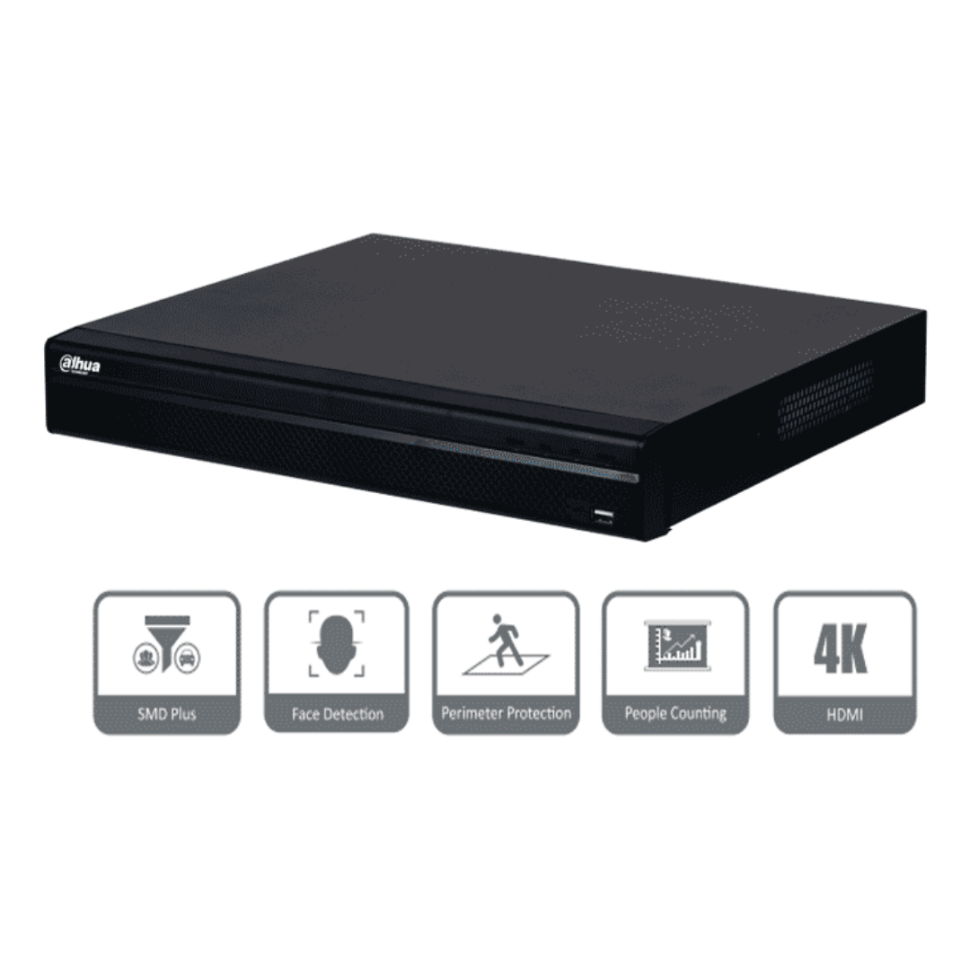 DAHUA DHI-NVR4232-4KS3 NVR De 32 canales IP, 8 MP/4K, 160 Mbps, Smart H.265+, 2 Bahías para HDD de 20 TB cada uno, HDMI & VGA, soporta cámaras WizSense y 2 canales SMD Plus.