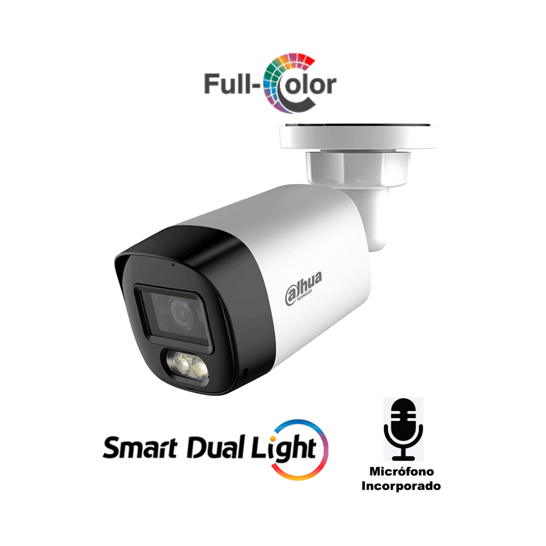 DAHUA - Camara Bullet de 5 Megapixeles/ Iluminación Dual Inteligente + FullColor/ Lente de 2.8mm/ 106 Grados de Apertura/ 20 Metros de IR y Luz Visible/ Micrófono Integrado/ IP67/ Soporta: CVI/CVBS/AHD/TVI