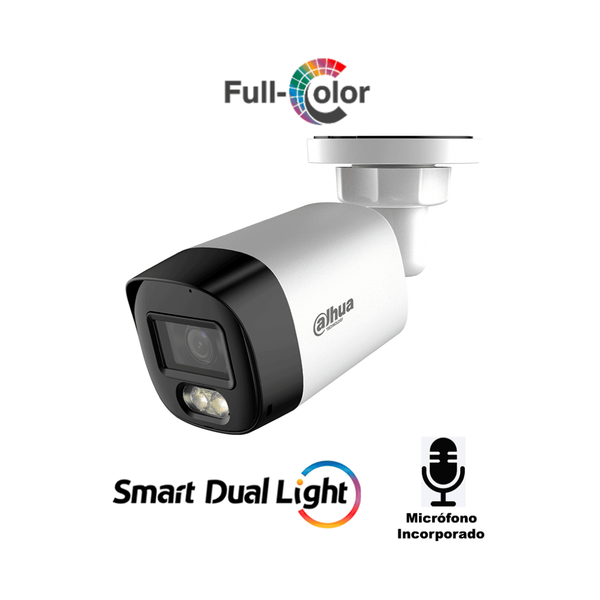 DAHUA - Camara Bullet de 5 Megapixeles/ Iluminación Dual Inteligente + FullColor/ Lente de 2.8mm/ 106 Grados de Apertura/ 20 Metros de IR y Luz Visible/ Micrófono Integrado/ IP67/ Soporta: CVI/CVBS/AHD/TVI