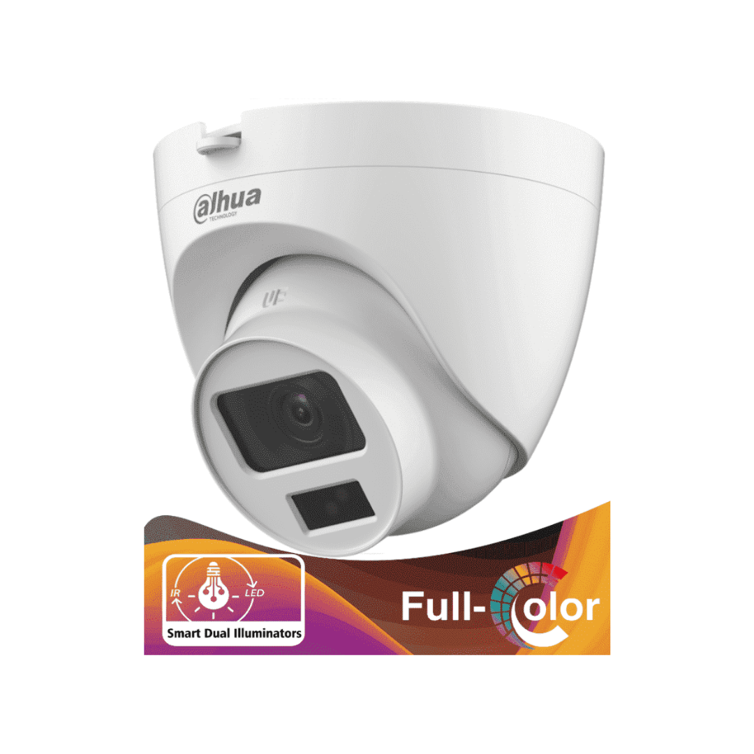DAHUA - Cámara Domo de 2 Megapixeles/ Iluminación Dual Inteligente + FullColor/ Lente de 2.8 mm/ 102 Grados de Apertura/ 20 Metros de IR y Luz Visible/ Micrófono Integrado/ IP67/ Soporta: CVI/CVBS/AHD/TVI