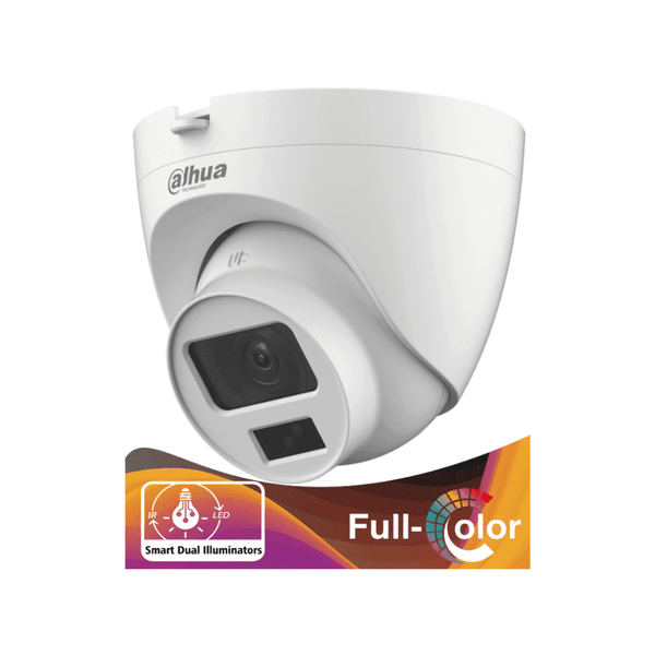 DAHUA - Cámara Domo de 2 Megapixeles/ Iluminación Dual Inteligente + FullColor/ Lente de 2.8 mm/ 102 Grados de Apertura/ 20 Metros de IR y Luz Visible/ Micrófono Integrado/ IP67/ Soporta: CVI/CVBS/AHD/TVI