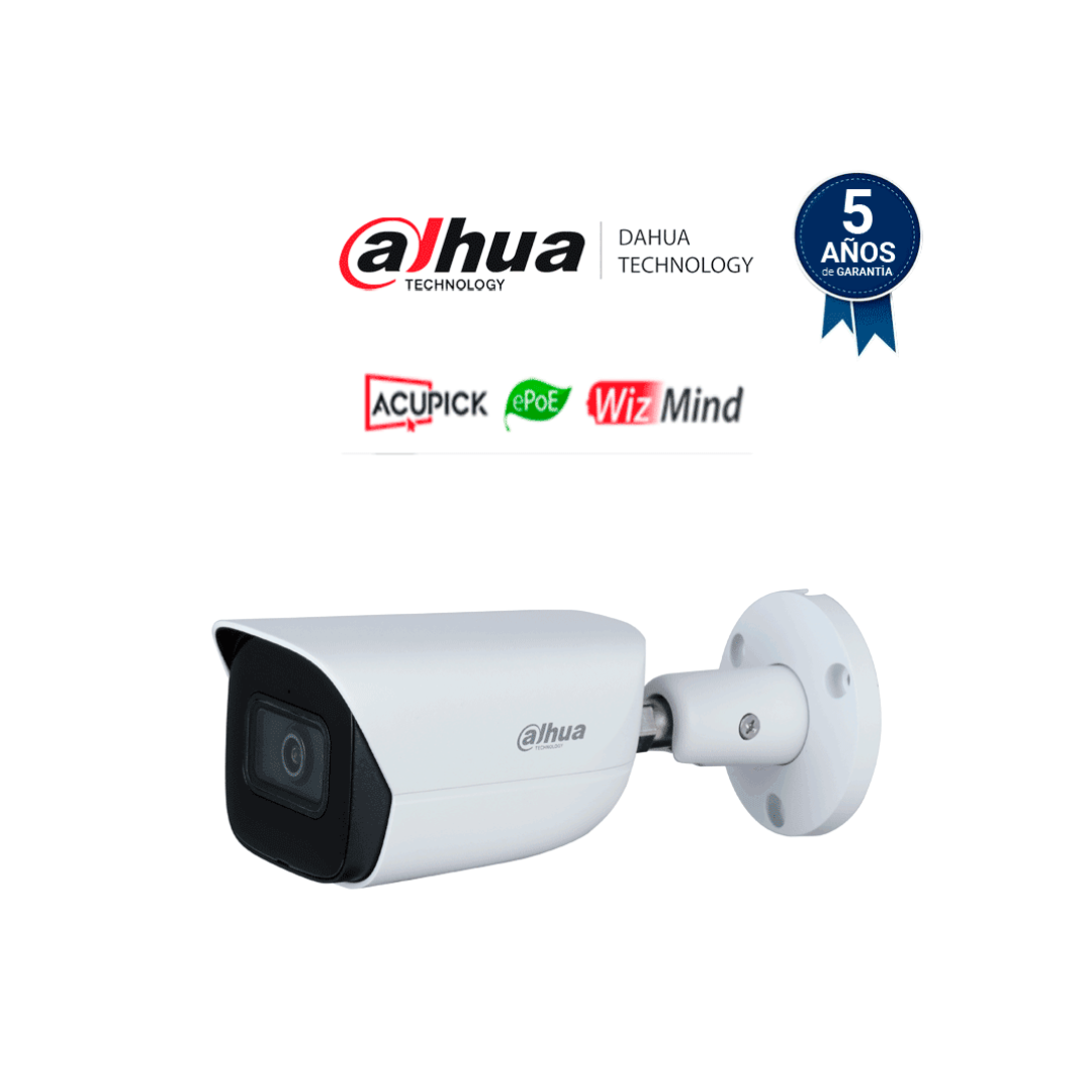 DAHUA - Cámara Bullet de 5 MP/ WizMind/ Lente 2.8/ LED IR de 50 m/ metadatos de video/ E&S de alarma y audio/ Ranura para micro SD/ MIC incorporado/Protección Perimetral/ Conteo de Personas/ ePoE/ IP67/ SMD 3.0/ AcuPick