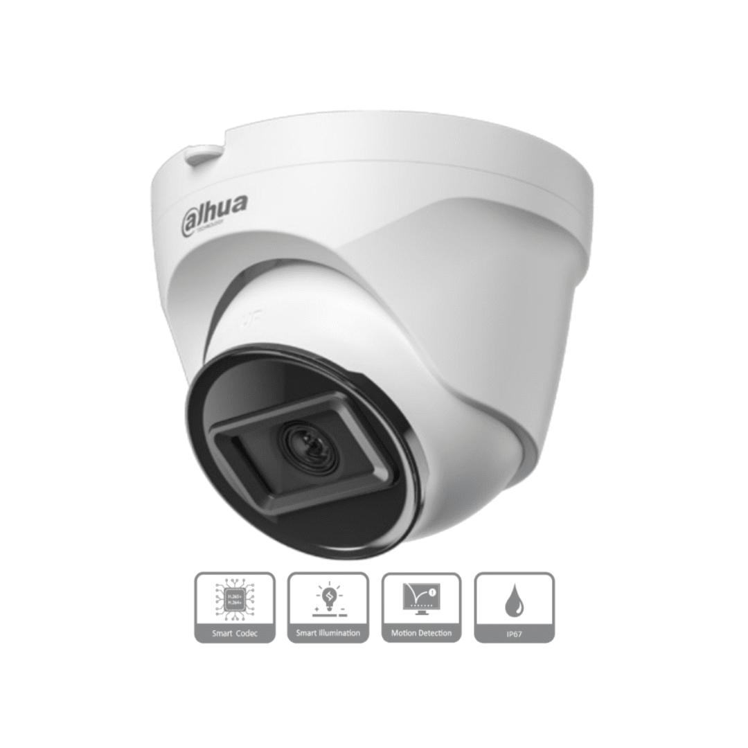 DAHUA -Cámara IP Domo de 2 MP, lente de 2.8 mm y 99° de visión. Alcance IR de 30 m, protección IP67 y alimentación PoE. Funciones avanzadas: DWDR, 3D NR, HLC, BLC y compresión H.265+ Ideal para videovigilancia confiable