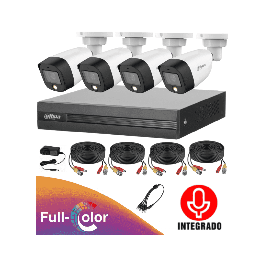 DAHUA FULL COLOR KIT-A - Kit de 4 Canales Full Color 2 MP con Audio y DVR Cooper-I WizSense. Incluye 4 cámaras Full Color 2 MP con micrófono integrado. Sistema de 4 canales más 1 IP y 4 SMD Plus. Incluye accesorios y búsqueda de humanos con IA.
