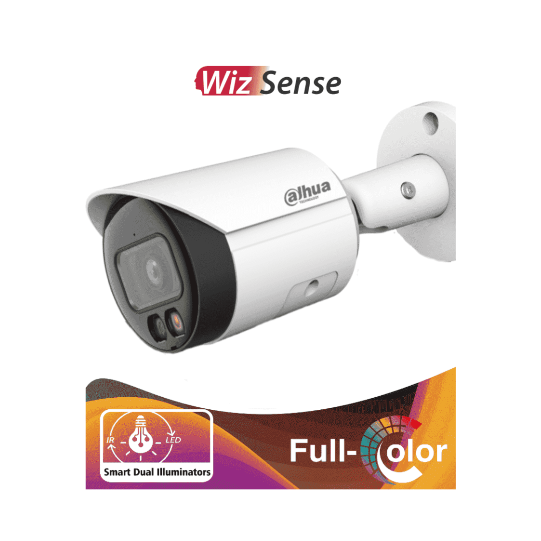 DAHUA - Cámara Bullet IP 2 Megapíxeles/ Iluminador Dual Inteligente Full Color/ WizSense/ Lente de 2.8mm/ 107 Grados/ Microfono Integrado/ 30 Mts de IR y Luz Visible/ Metalica/ Ranura MicroSD/ WDR 120dB/ SMD Plus/ PoE