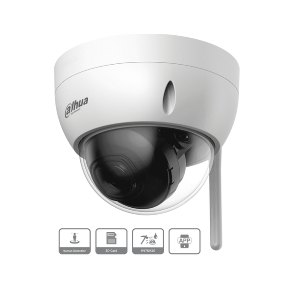 DAHUA IPC-HDBW1230DE-SW - Camara IP Domo Wifi de 2 Megapixeles/ Lente de 2.8 mm/ 100 Grados de Apertura/ IR de 30 Metros/ Ranura para MicroSD/ IP67/ Antivandalica Ik10/ Detección de Humanos SMD/ Hasta 80 Metros de Alcance en Area Abierta