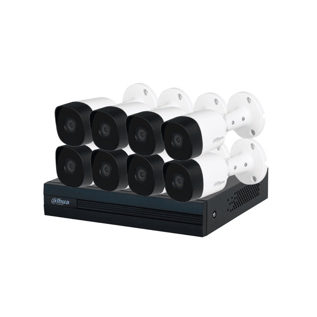 DAHUA KIT/XVR1B08-I/8-B2A21N-U - Kit con DVR Cooper-I WizSense de 8 Canales ofrece 8 cámaras de 2 MP con visión 1080p, tecnología de IA y compresión H.265+. Admite hasta 10 canales IP, incluye SMD Plus y permite búsqueda de personas y vehículos