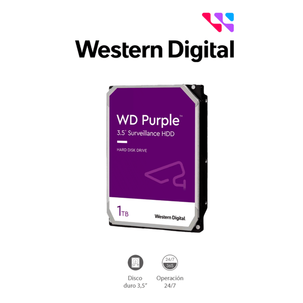 Discos Duros WESTERN WD10PURZ - Disco Duro de 1TB Purple/ Especial Para Videovigilancia/ Trabajo 24/7/ Interface: Sata 6 Gb/s/ Hasta 64 Cámaras/ Hasta 8 Bahías de Discos Duros