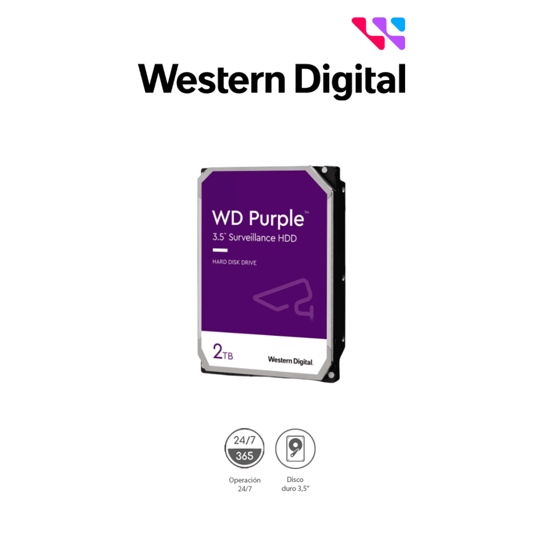 WESTERN DIGITAL WD23PURZ - Disco duro de 2TB / Serie Purple para videovigilancia / Trabajo 24/7/ Interface: Sata 6 Gb/s/ Hasta 64 Cámaras/ Hasta 8 Bahías de Discos Duros