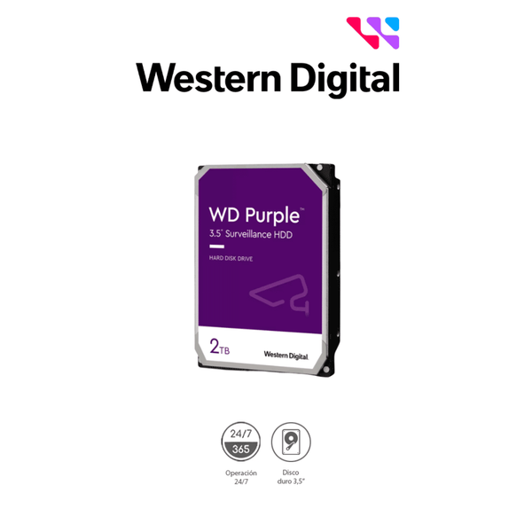 WESTERN DIGITAL WD23PURZ - Disco duro de 2TB / Serie Purple para videovigilancia / Trabajo 24/7/ Interface: Sata 6 Gb/s/ Hasta 64 Cámaras/ Hasta 8 Bahías de Discos Duros