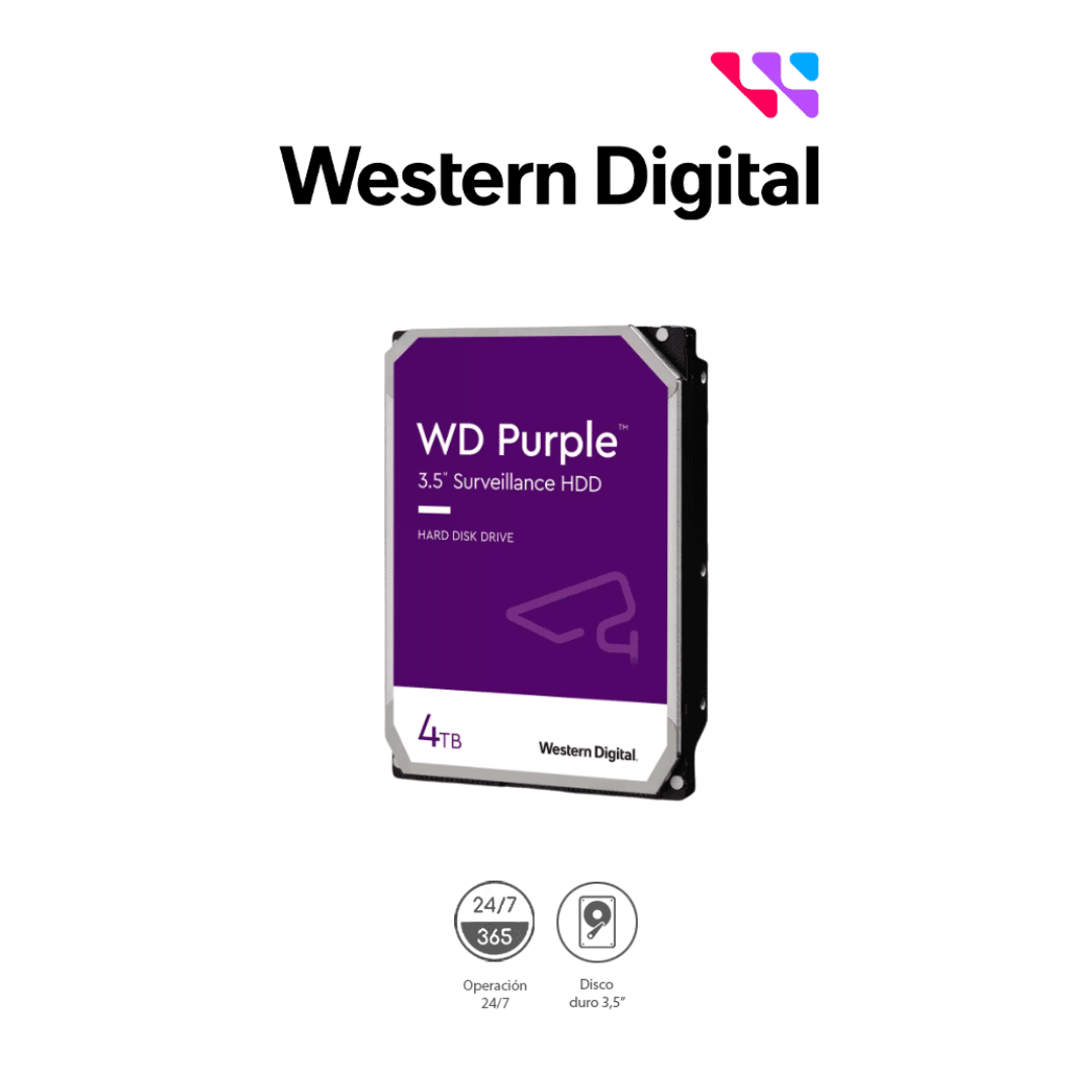 WESTERN DIGITAL WD44PURZ - Disco Duro de 4TB Purple/ Especial para Videovigilancia/ Trabajo 24/7/ Interface: Sata 6 Gb/s/ Hasta 64 Cámaras/ Hasta 16 Bahías de Discos Duros/ 180Mb/S