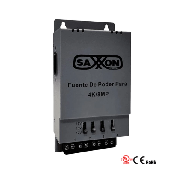 SAXXON ENERGIA PSU1205A-4K - Fuente de poder Regulable Metálica/ Conexión de Hasta 4 Canales/ Voltaje de Ajuste 12V 13V o 15V cc/ Salida de Hasta 5 Amp en los 4 Canales/ Instalación en Pared