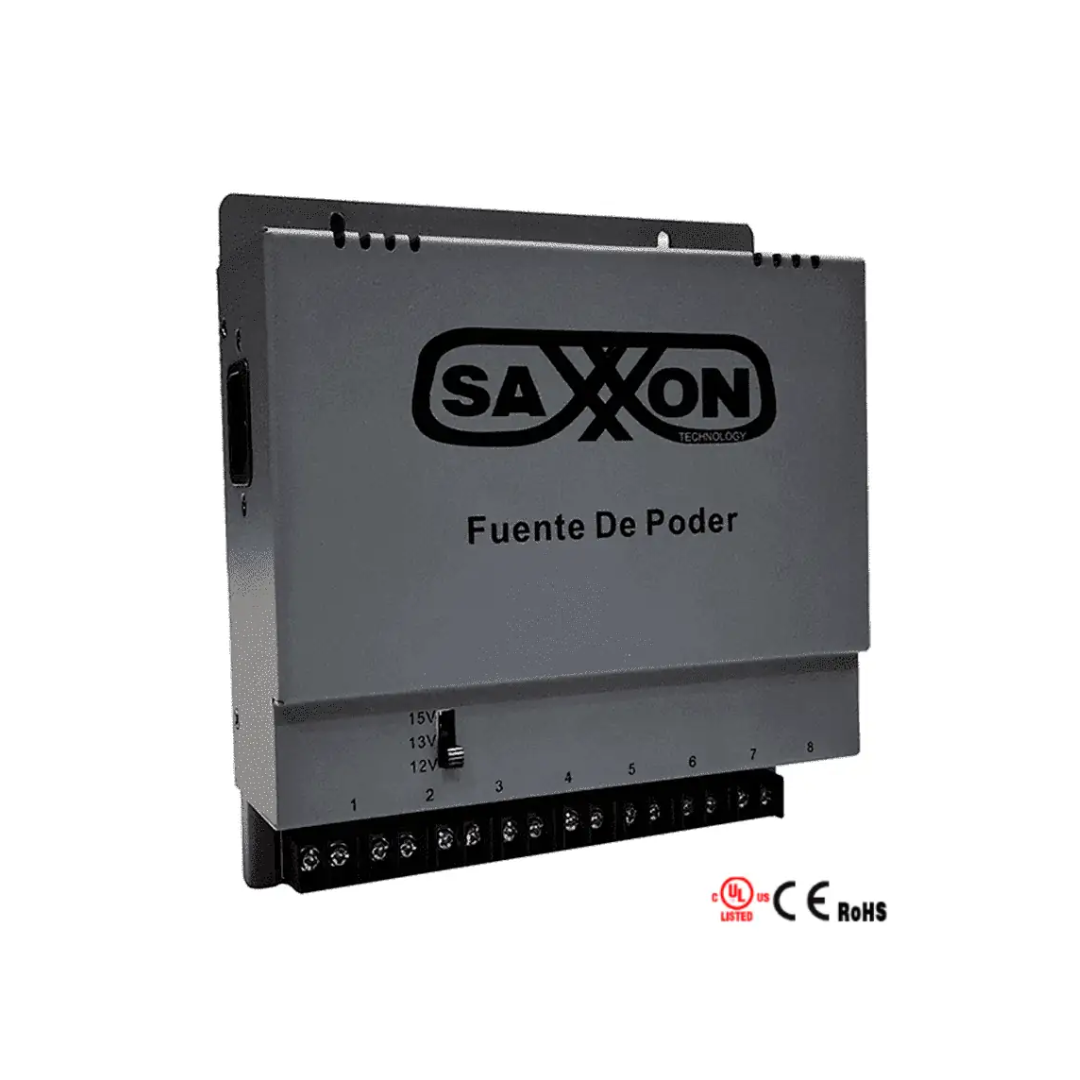 SAXXON ENERGIA PSU1208A - Fuente de poder Regulable Metálica/ Conexión de Hasta 8 Canales/ Voltaje de Ajuste 12V 13V o 15V cc/Salida de Hasta 8 Amp en los 8 Canales Máximo 1 Amp por canal