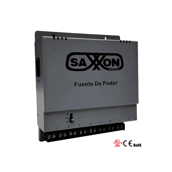 SAXXON ENERGIA PSU1208A - Fuente de poder Regulable Metálica/ Conexión de Hasta 8 Canales/ Voltaje de Ajuste 12V 13V o 15V cc/Salida de Hasta 8 Amp en los 8 Canales Máximo 1 Amp por canal