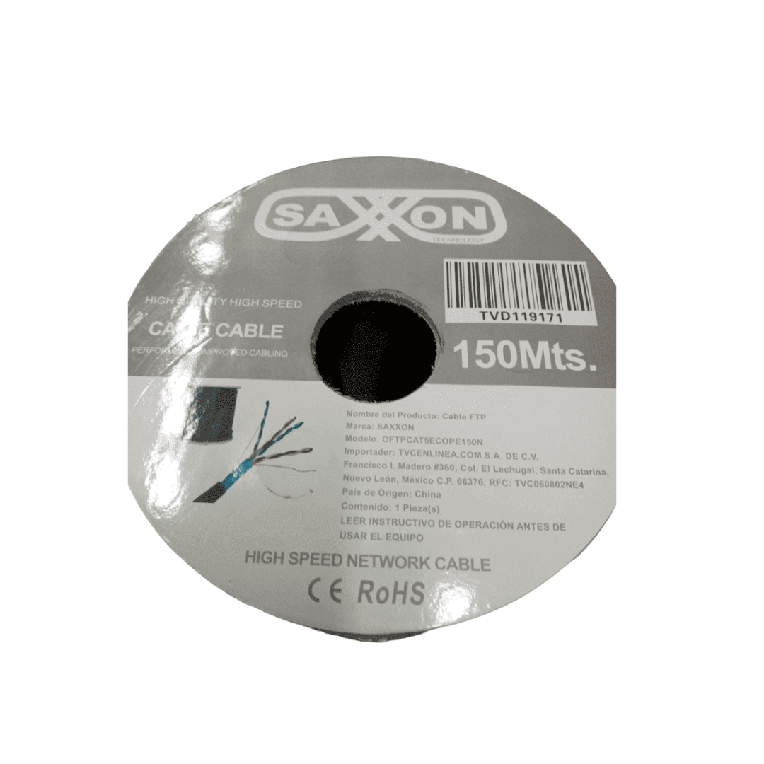 SAXXON OFTPCAT5ECOPE150N - Bobina de Cable FTP Cat5e 100% Cobre/ 150 Metros/ Blindado/ Color Negro/ Uso Exterior/ Ideal para Cableado de Redes de Datos y Video/ Cert ISO9001/ UL / RoSH